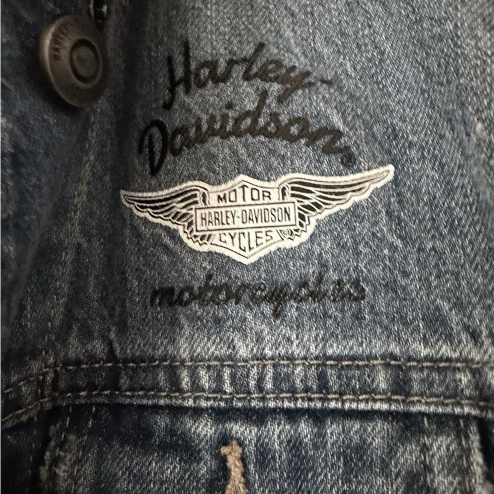 Harley-Davidson Blue Denim & Black Sleeve Hoodie Jacket, Size Small - Picture 2 of 8